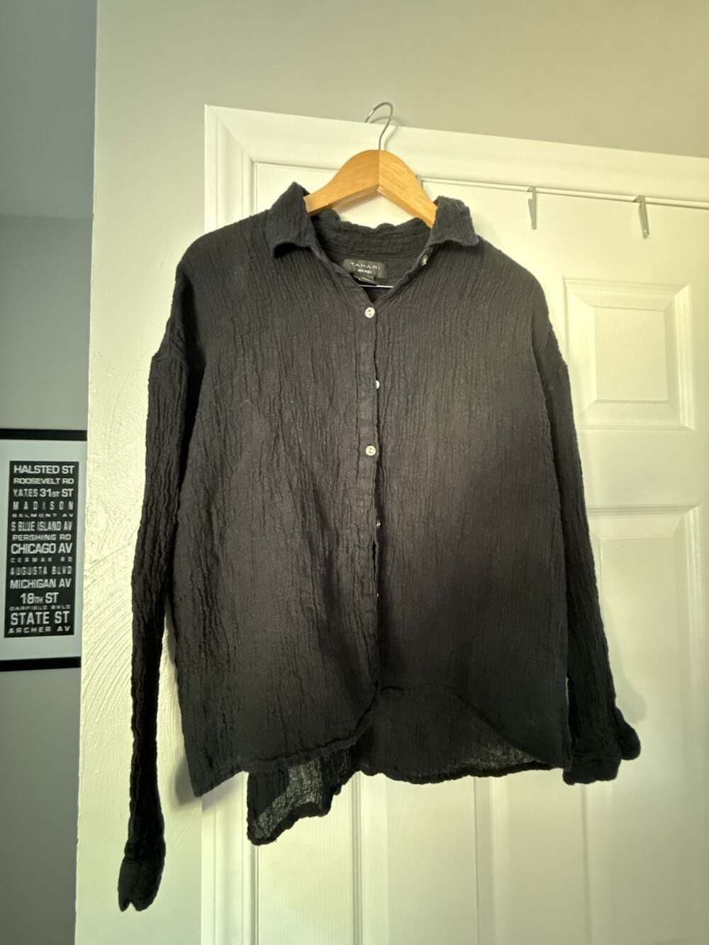 Tahari Black 100% Linen Long Sleeve Button-Down Textured Shirt